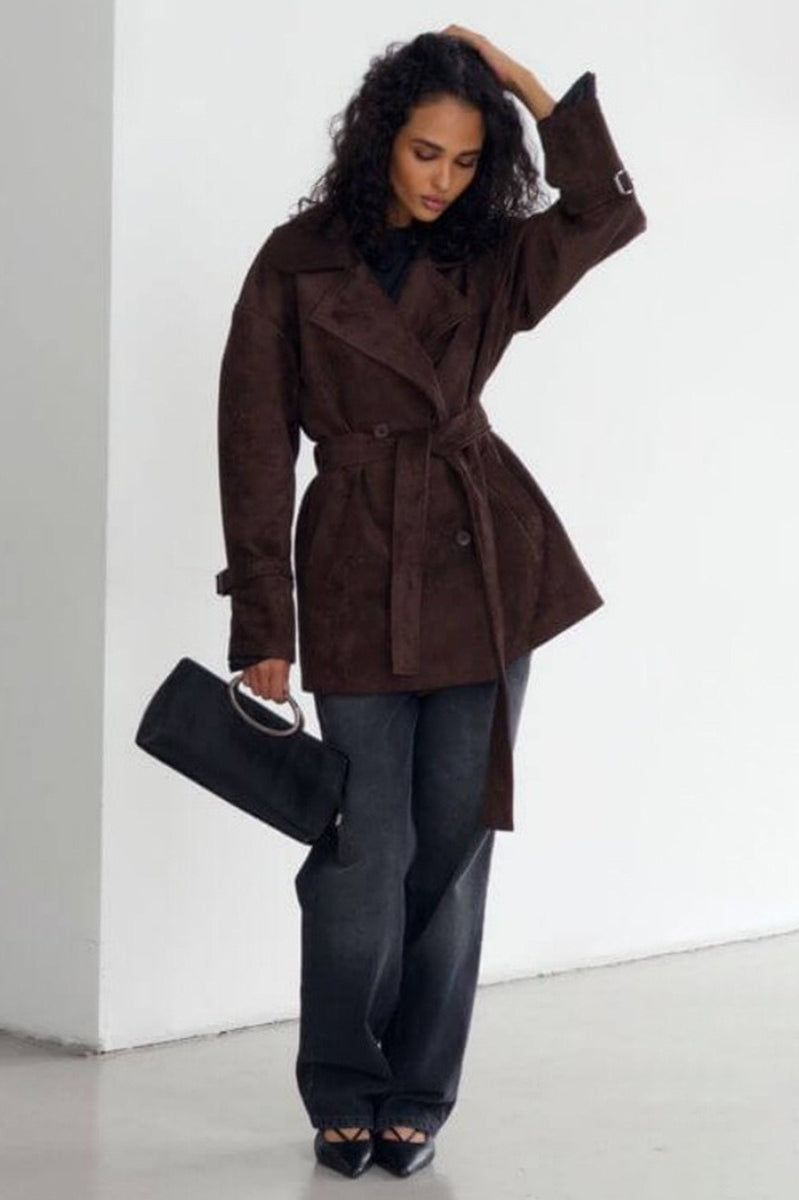 Retro Suede Lapel Tie Waist Jacket Coat