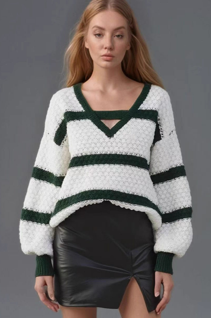Bell Sleeve Patchwork Knit Sweater