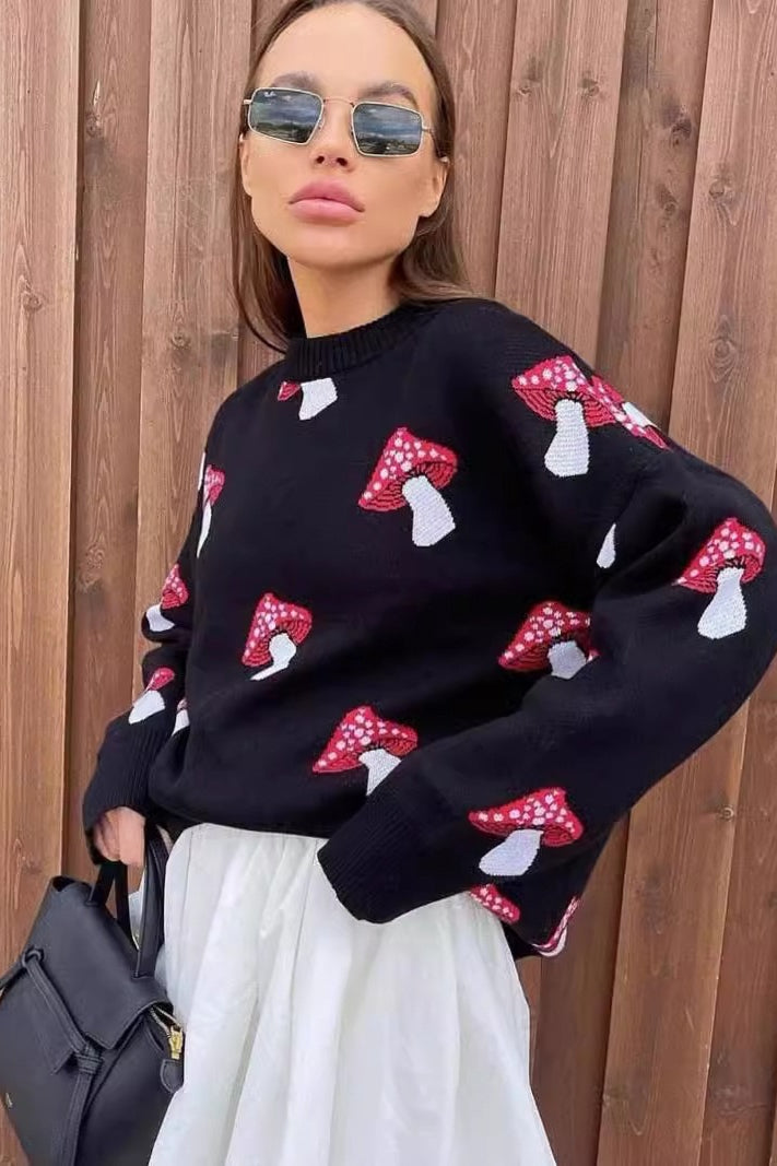 Mushroom Design Knitted Cozy Sweater