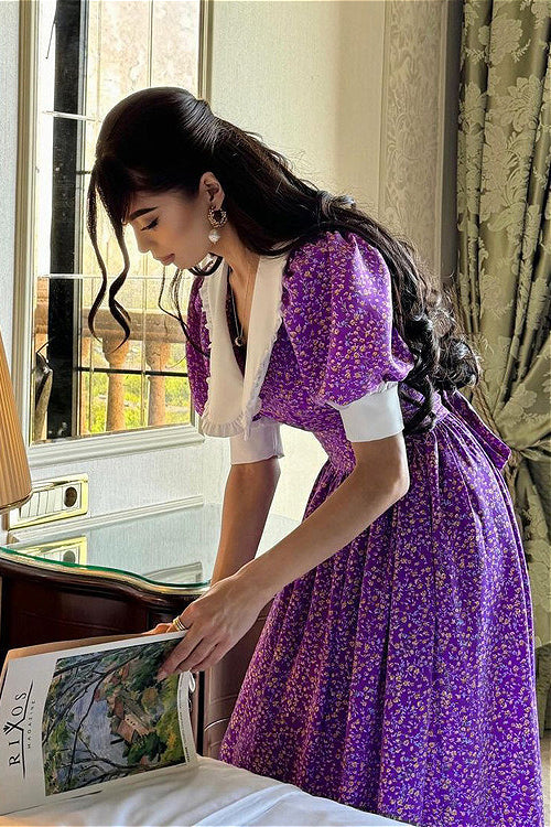 Purple Tie Waist Short Sleeve Babydoll Floral Dress