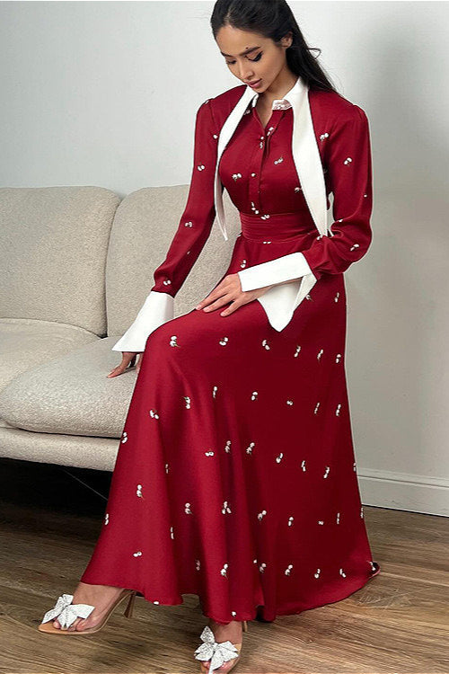 Satin Ruffled V Neck Cinched Waist Floral Dress