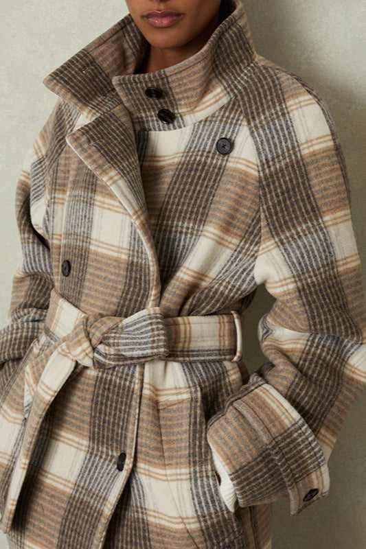 Retro Checked Belted Wool Coat