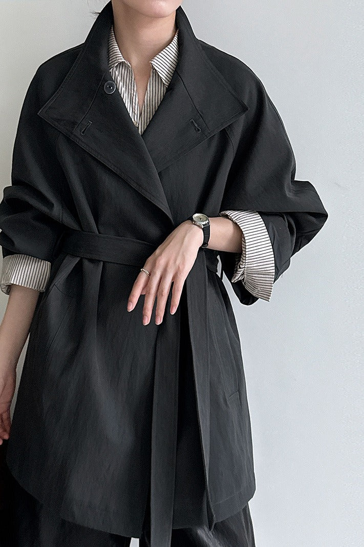 British Style Stand Collar Belted Mid Trench Coat