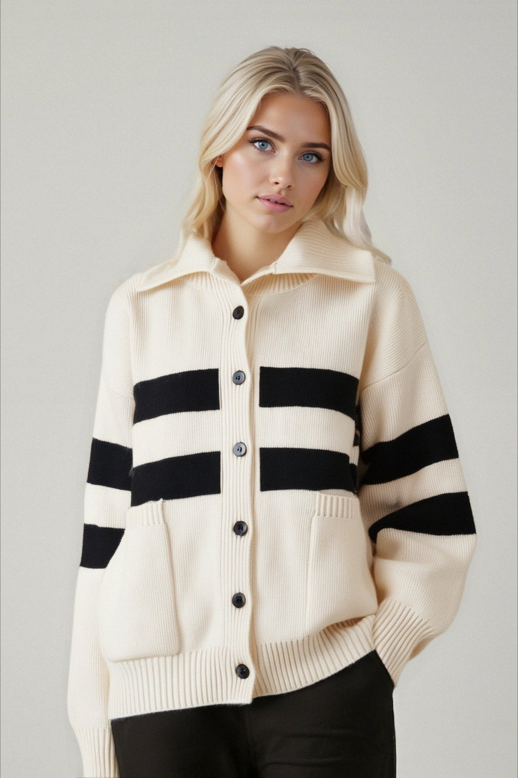 Colorblock Stripe Turtleneck Plus Knit Cardigan