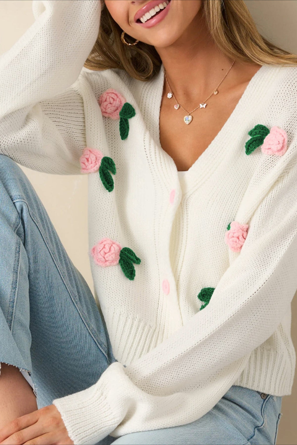 3D Floral Buttoned Knit Cardigan