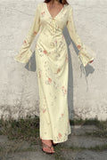 Sweet V Neck Flare Sleeve Wrap Maxi Floral Dress