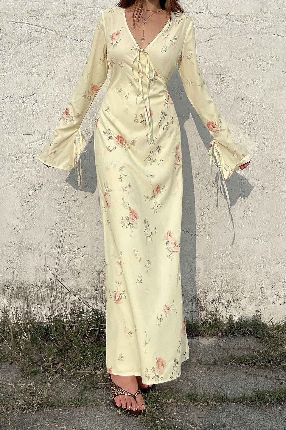 Sweet V Neck Flare Sleeve Wrap Maxi Floral Dress