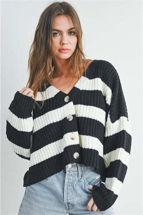 Relaxed Stripe V-Neck Long-Sleeve Cardigan