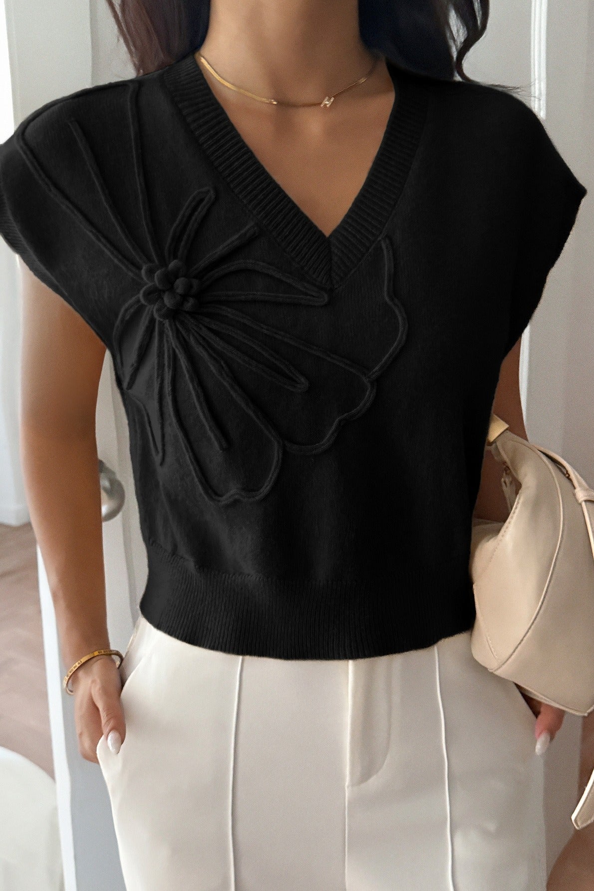 Deep V Short Sleeve Solid Sweater