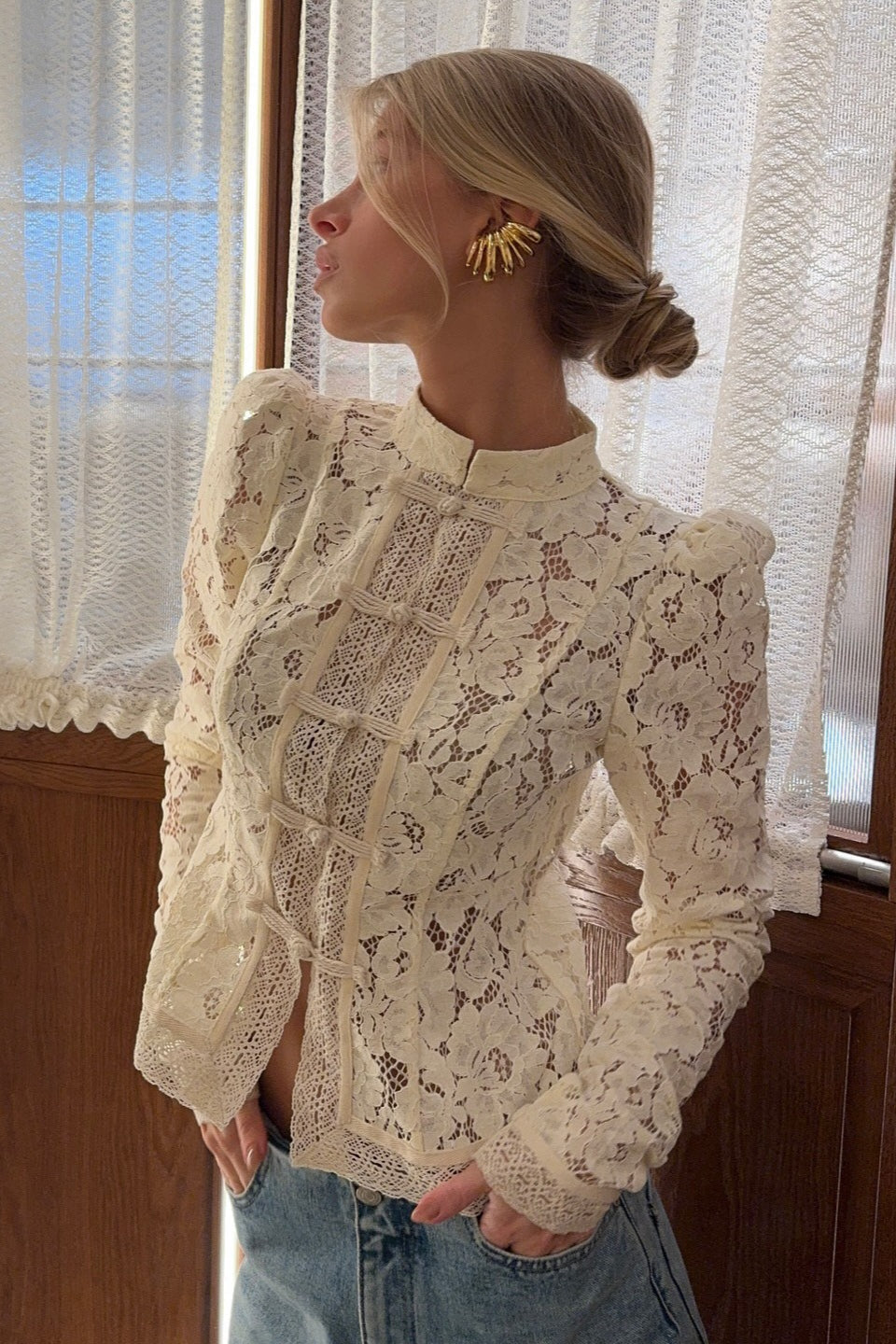Soft High-Collar Lace Cutout Cardigan