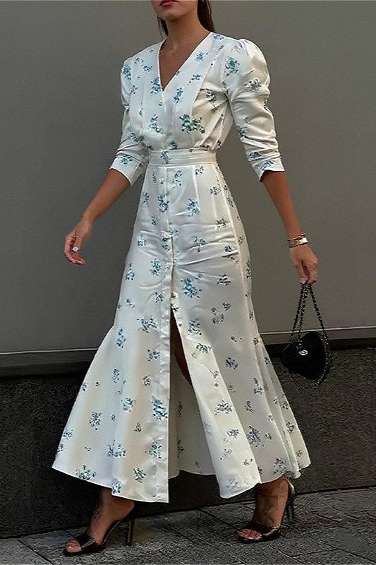 V Neck Ruched Waist Chic Floral Dress