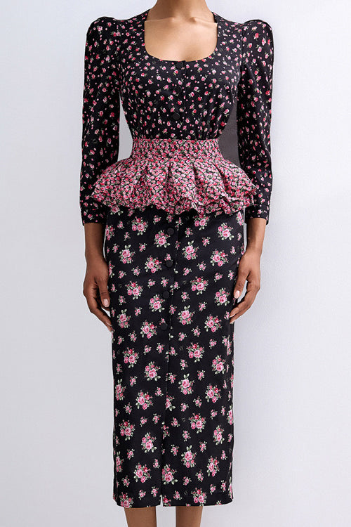 Square Neck Printed Ruffled Belt Floral Dress
