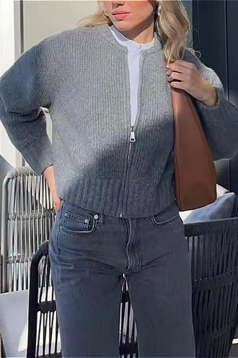 Crew-Neck Zip Plain Knit Cardigan