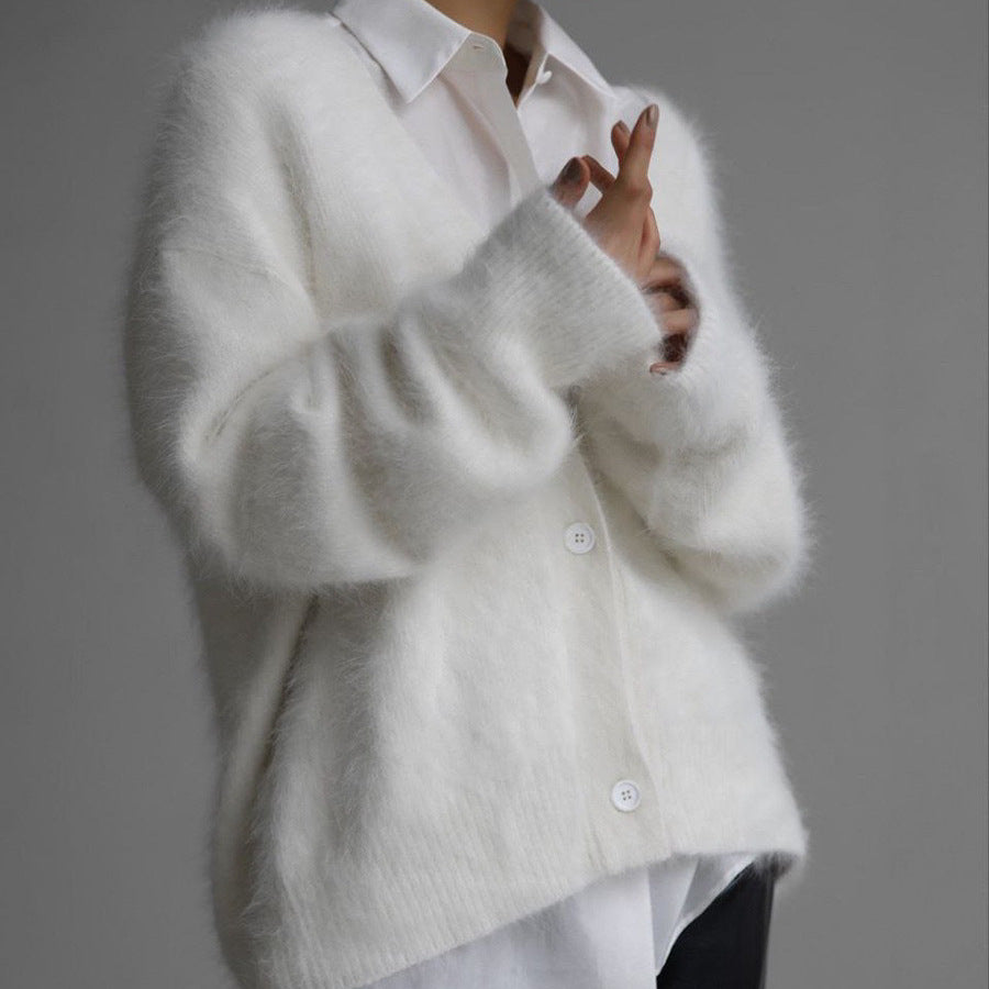 V-Neck Mink Yarn Knit Cardigan