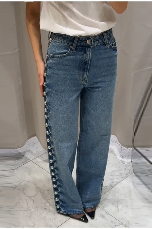 Beaded High Waist Straight Leg Jean