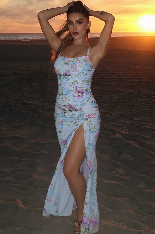 Ruched Split Strap Backless Floral Dress