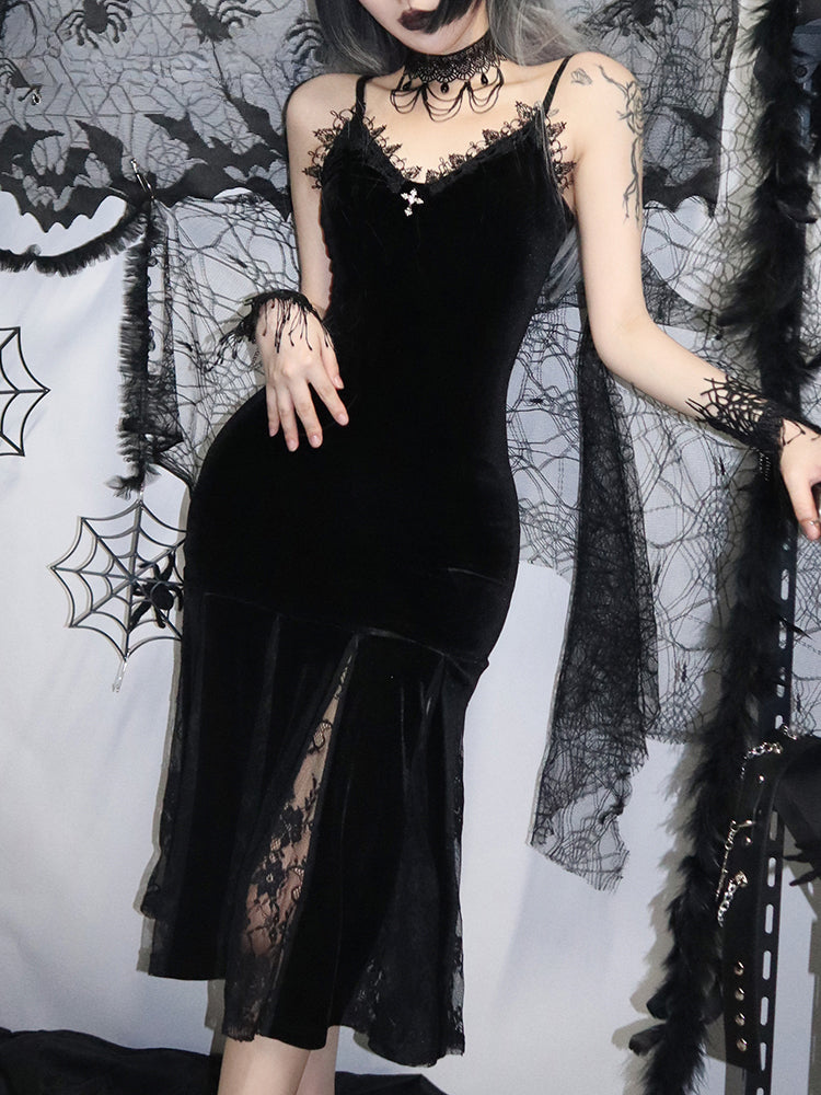 Spaghetti Strap Backless Velvet Lace Patchwork Maxi Dress