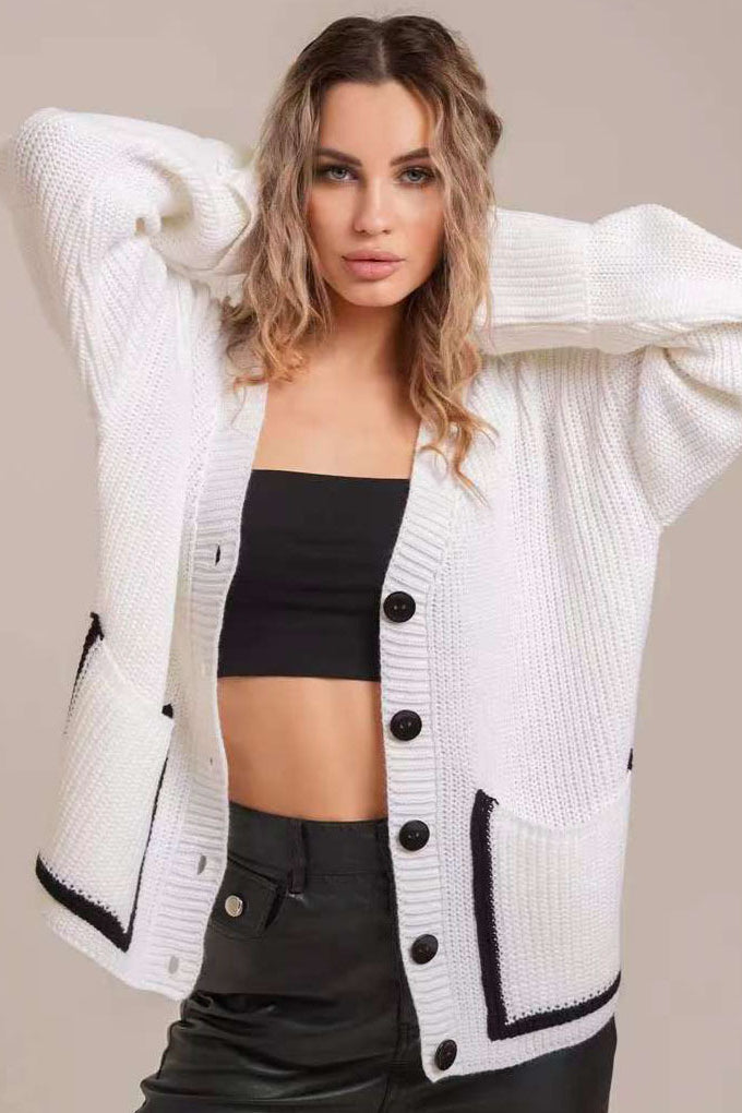 Contrast Pocket V-Neck Knit Cardigan