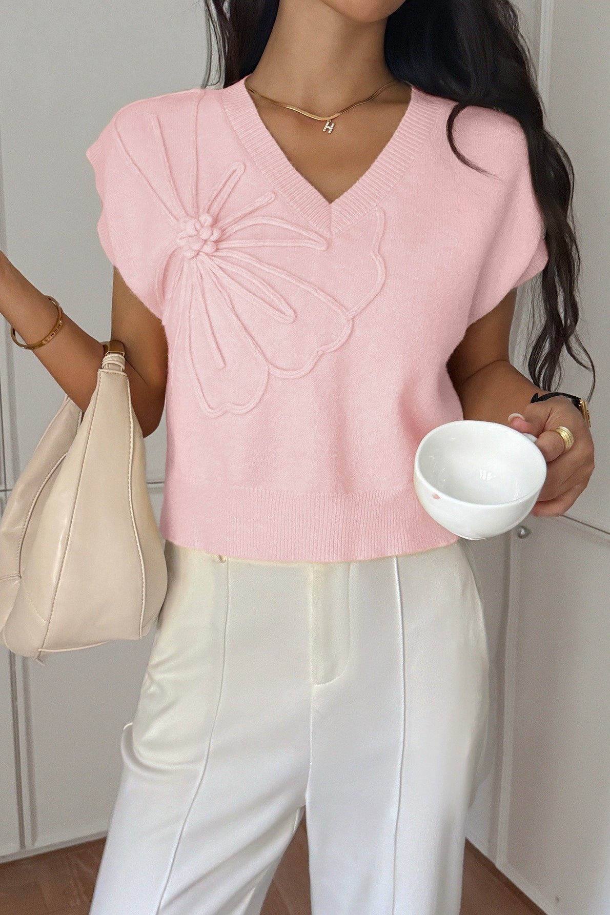 Deep V Short Sleeve Solid Sweater