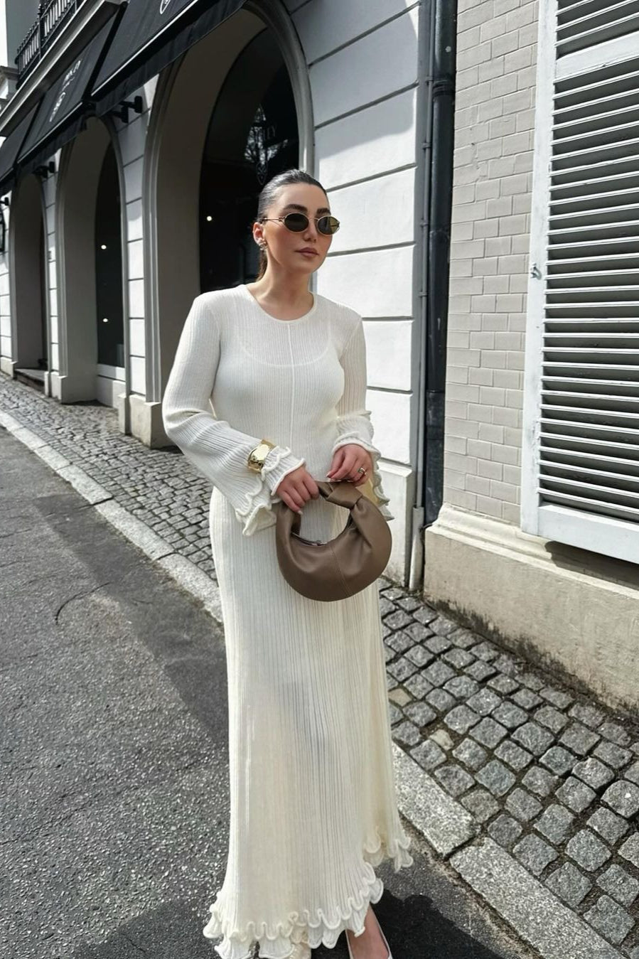 Ruffled Long Sleeve Fitted Maxi Dress
