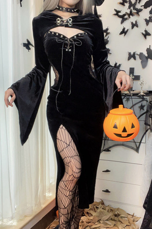 Spiderweb Hooded Flared Gothic Dress
