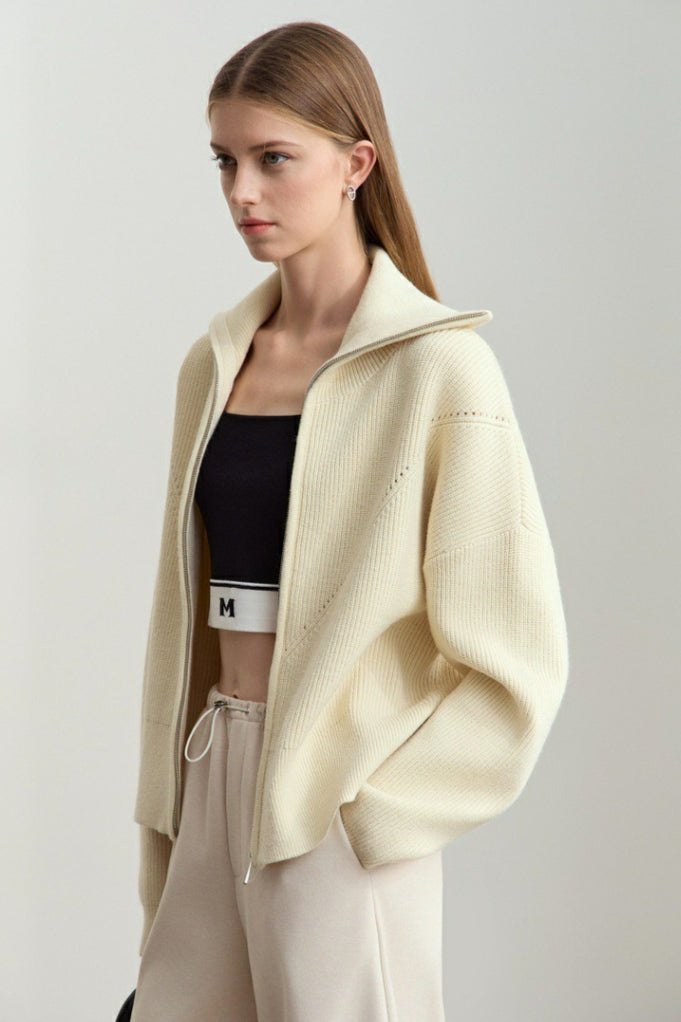 Sailor-Collar Zip Cozy Knit Cardigan