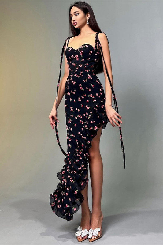 Lace Ruffle Mesh Floral Dress