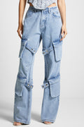 Retro High Waist Pocket Straight Pant