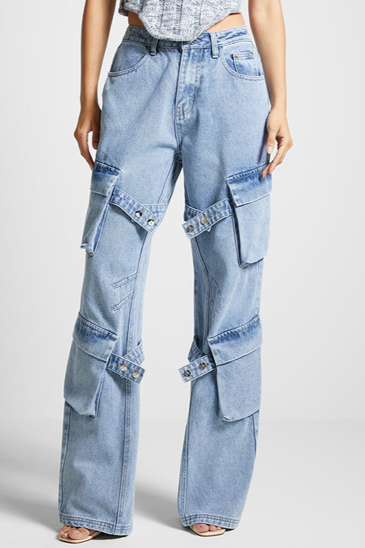 Retro High Waist Pocket Straight Pant