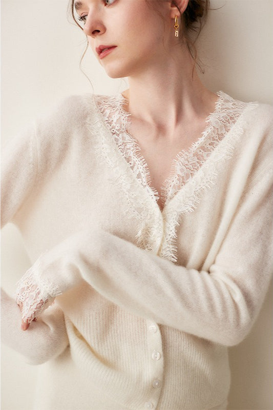Cashmere Lace-Edge V-Neck Knit Cardigan