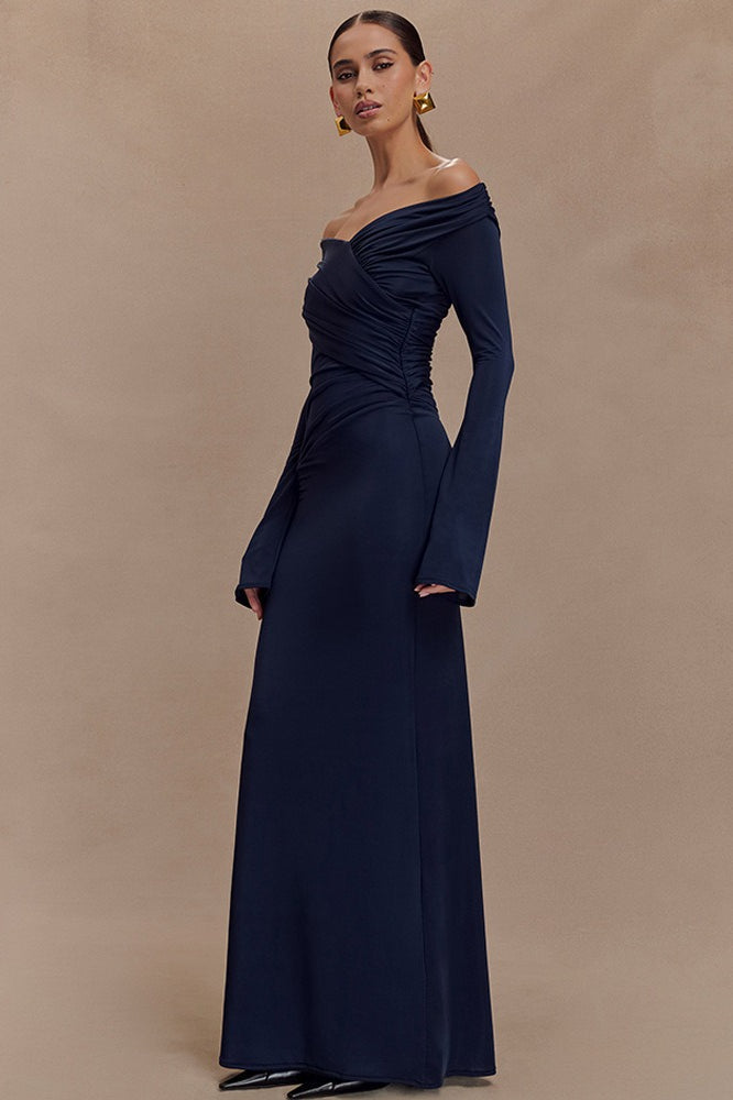 V-Neck Slim Ruched Maxi Dress
