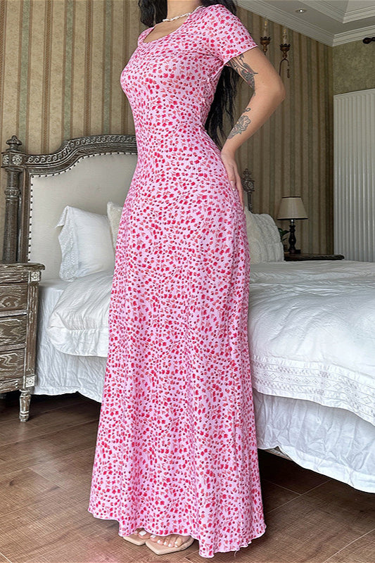 Short Sleeve Round Neck Back Strap Floral Dress