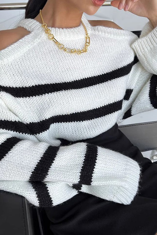 Striped Cutout Shoulder Sweater