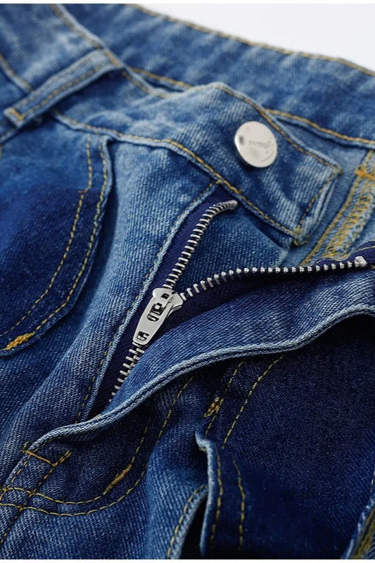 Hollow Button Patchwork Wide Leg Jean