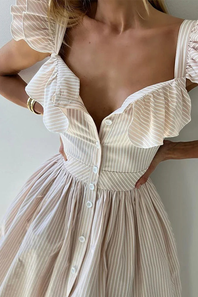 Ruffle Stripe Square Neck Floral Dress