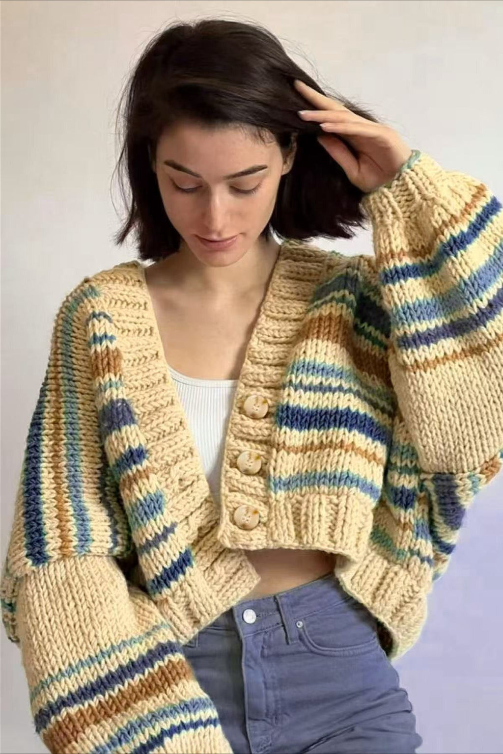 Casual V-Neck Colorblock Knit Cardigan