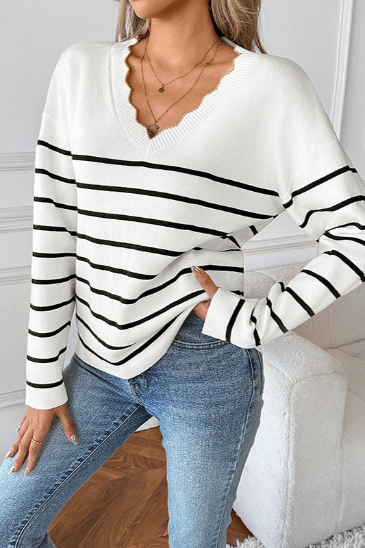 Ribbed V Neck Long Sleeve Sweater