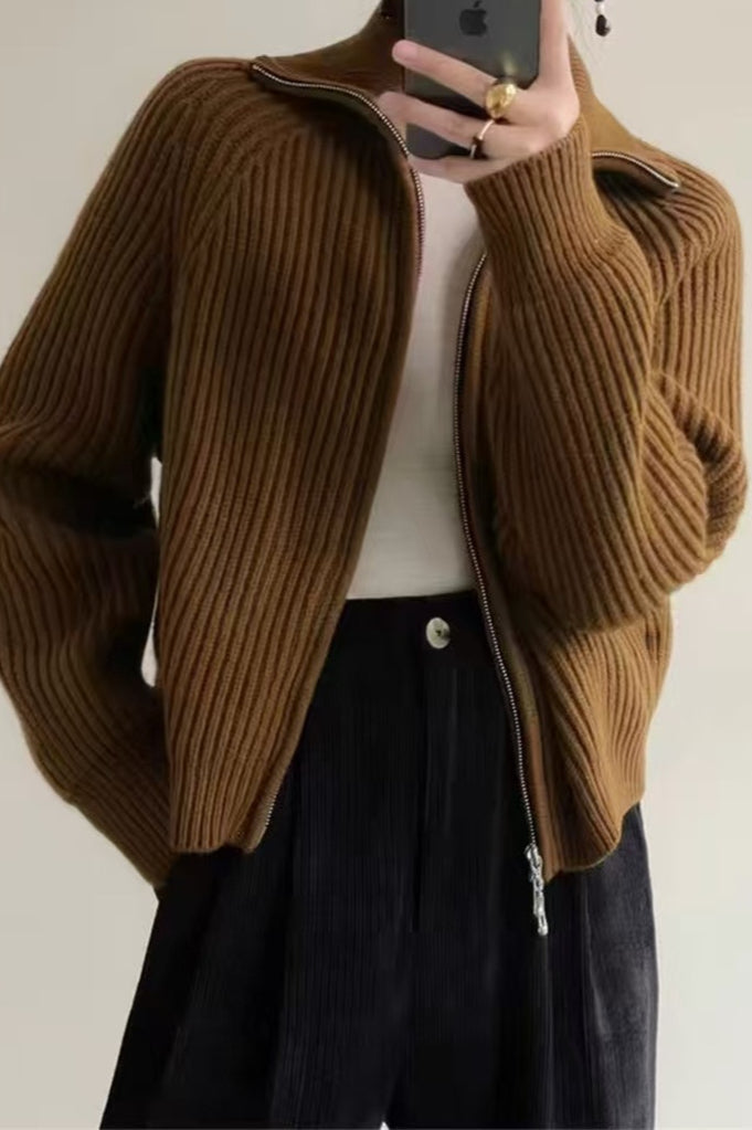 Ribbed High Neck Zip Sweater
