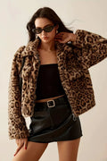 Fleece Leopard Print Notch Collar Mini Coat
