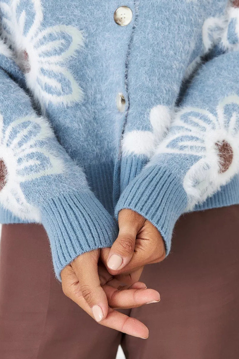 Floral V-Neck Knit Long Sleeve Cardigan