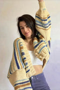 Casual V-Neck Colorblock Knit Cardigan