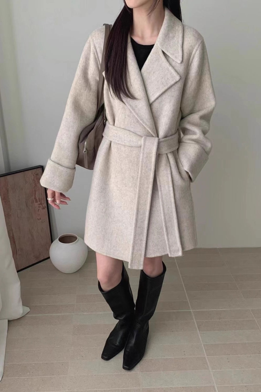 Robe Style Double-Faced Wool Long Coat