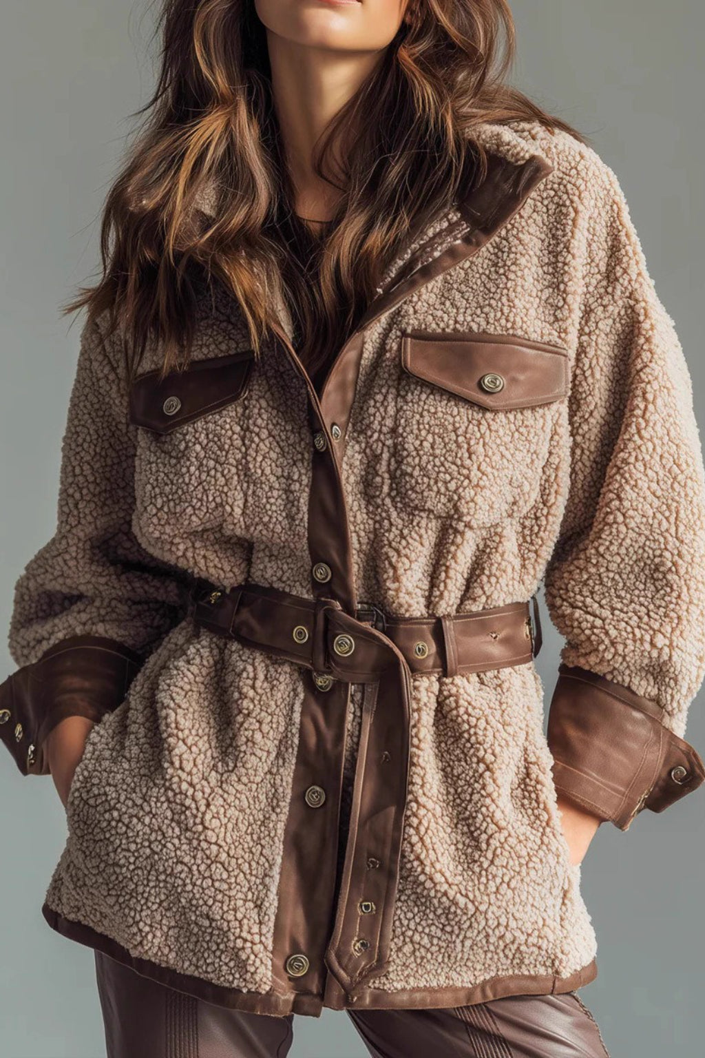 Retro Fleece Paneled Pocket Belted Coat