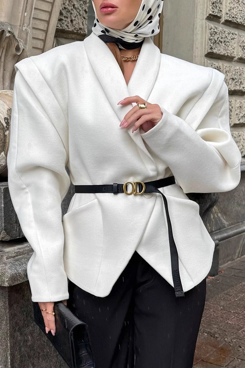 White Wool Thickened Belted Collar Mid Coat