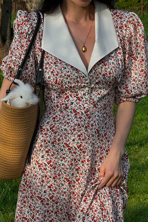 Puff Sleeve Printed Peter Pan Collar Maxi Floral Dress