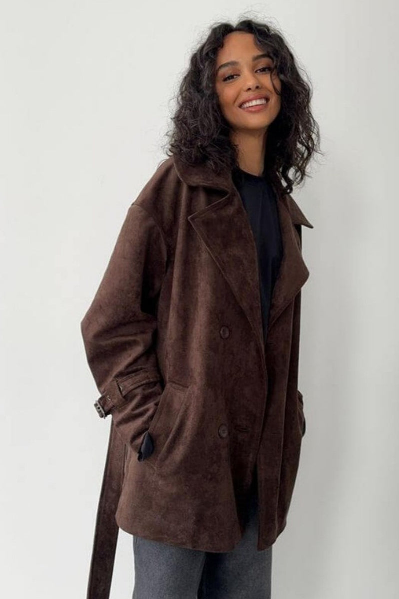 Retro Suede Lapel Tie Waist Jacket Coat