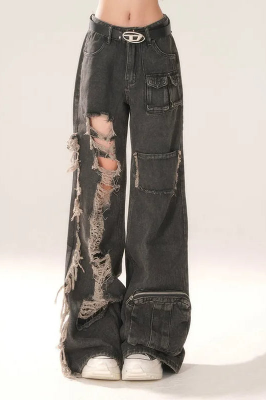 High Waist Ripped Wide Leg Jean