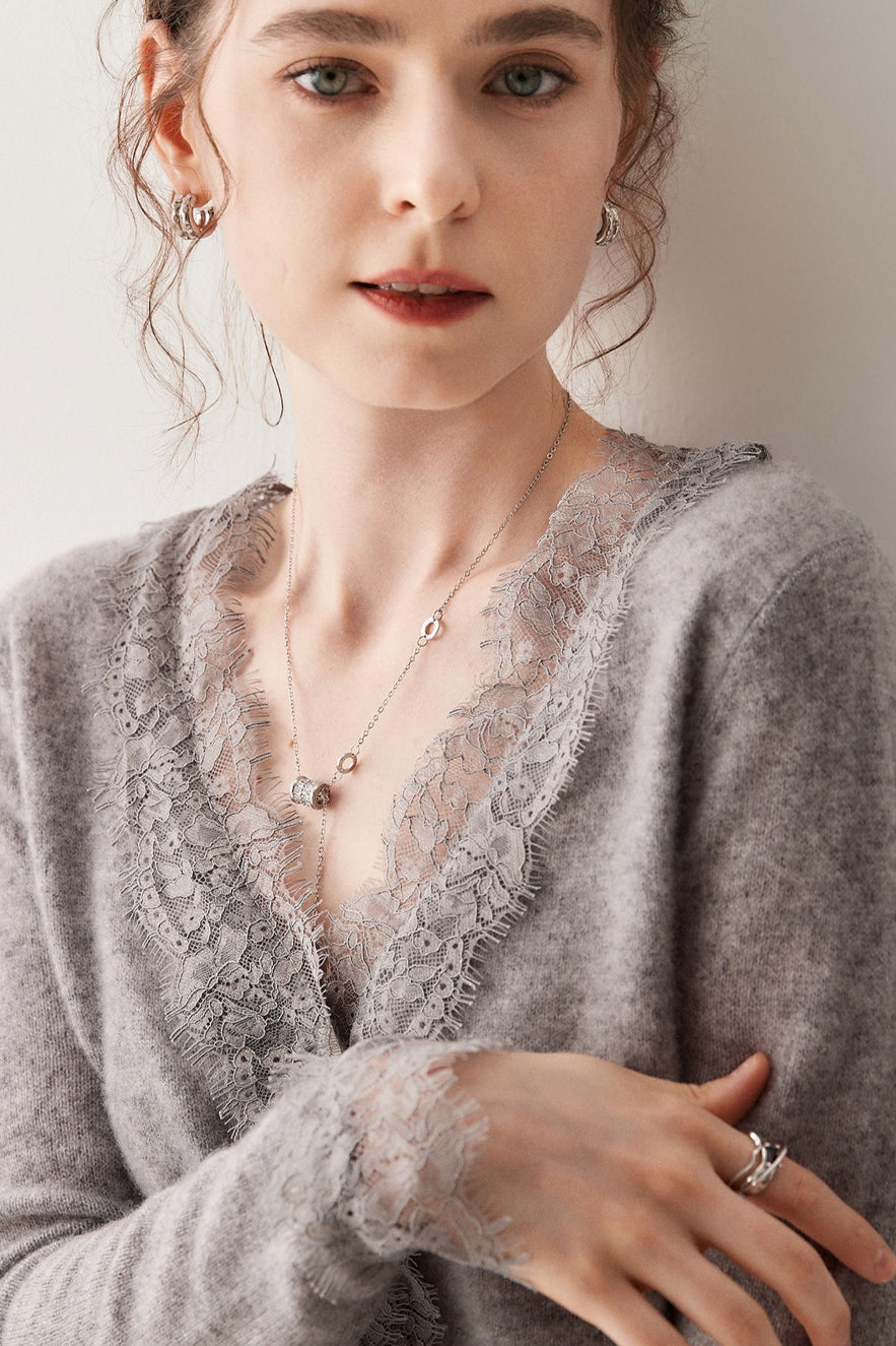 Cashmere Lace-Edge V-Neck Knit Cardigan
