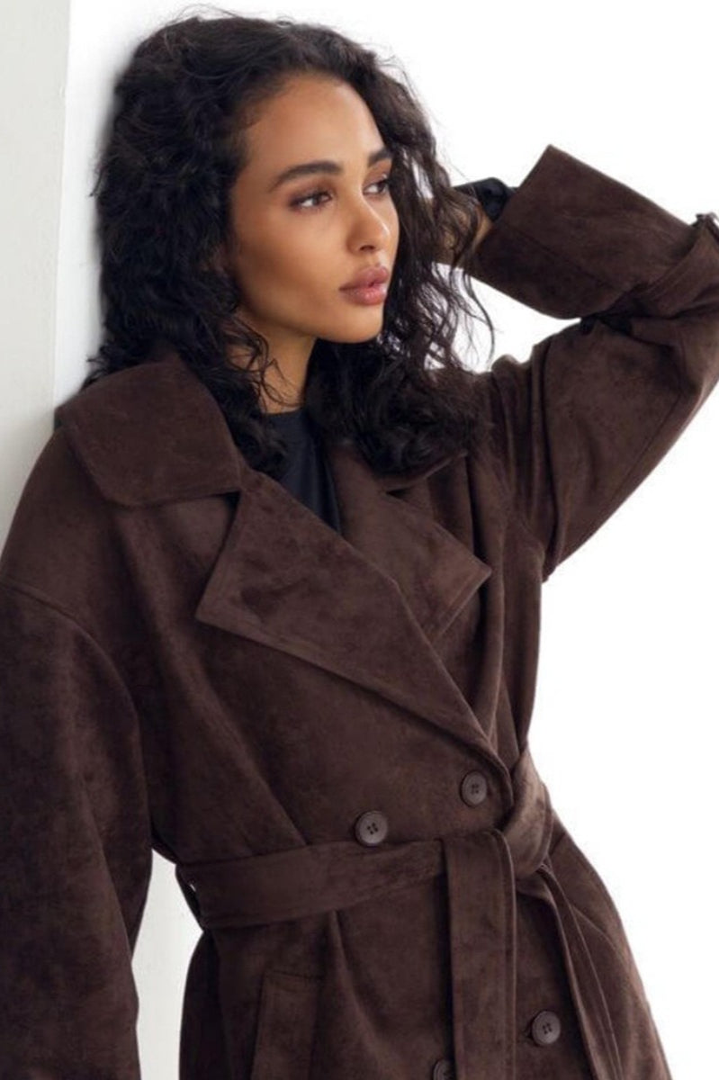Retro Suede Lapel Tie Waist Jacket Coat