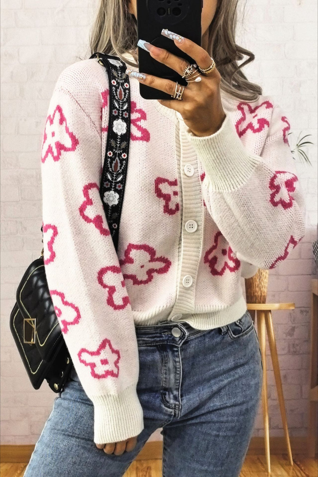 Floral Jacquard Short Button Knit Cardigan